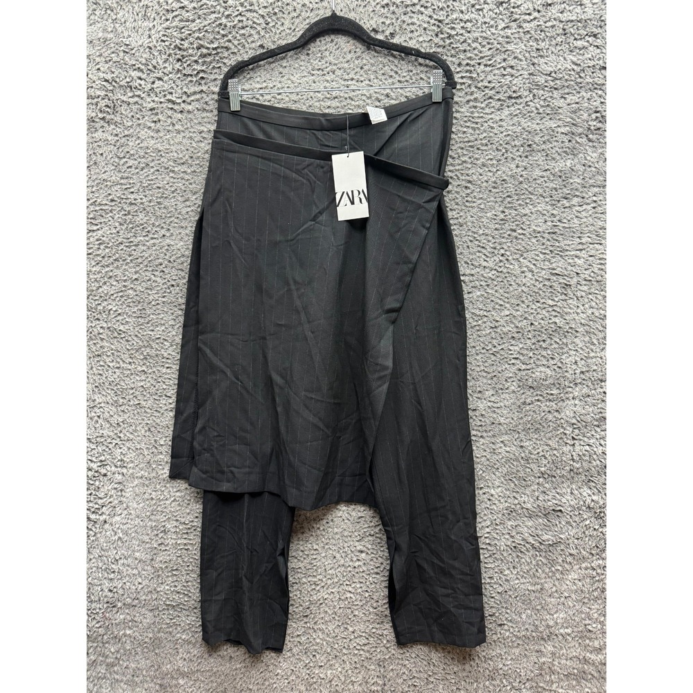 NWT Zara Zw Collection Pinstripe Wide Leg Wrap Skirt Pants Black Womens Size M